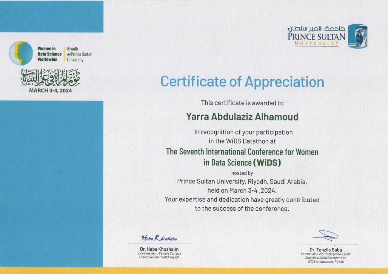 Women in Data Science (WiDS), PSU — certificate issued to Yarra Abdulaziz Alhamoud